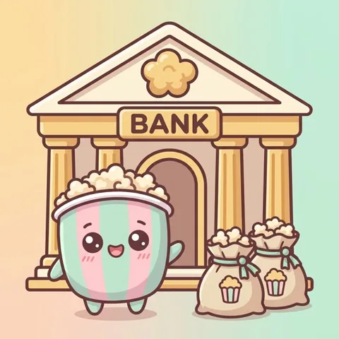 Bucky standing in front of a little bank building with bags of popcorn