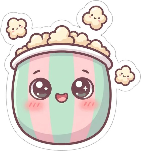 Bucky, a smiling pink and mint popcorn bucket, with three little popcorn kernels floating around him