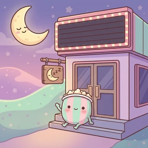 A cosy cinema at night with the lights off and Bucky sitting on the steps