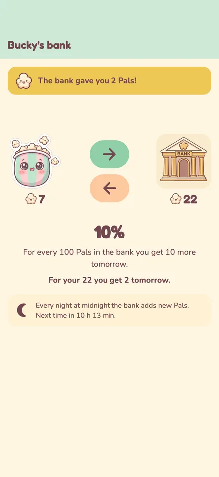 Bucky's bank screen: 
