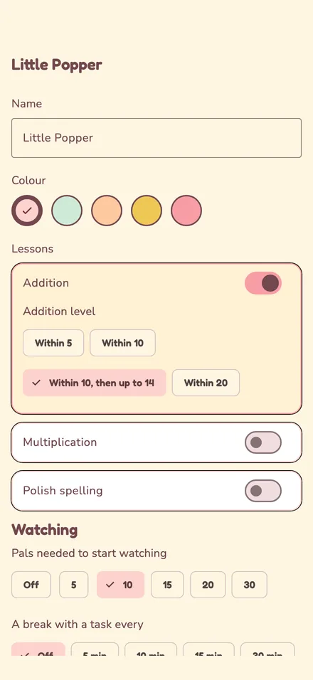 Kid settings screen: name, colour, lessons with addition levels, and how many Pals are needed to start watching
