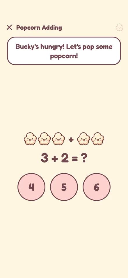 Addition lesson: 3 + 2 with popcorn counters and three big answer buttons
