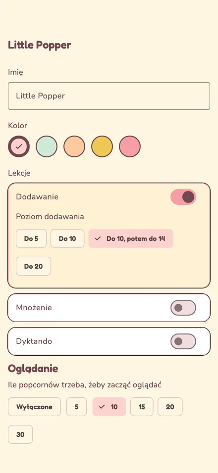 Ustawienia dziecka: imię, kolor, lekcje z poziomami dodawania i liczba popcornów potrzebna do rozpoczęcia oglądania