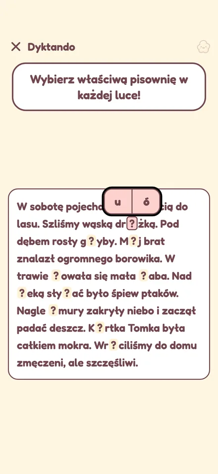 Lekcja dyktanda: krótkie opowiadanie z lukami i dwiema możliwymi pisowniami nad bieżącą luką